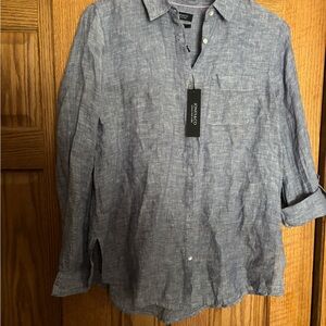 Women’s Jones & Co 100% Light Blue Linen Shirt M Collared Button Down Coastal